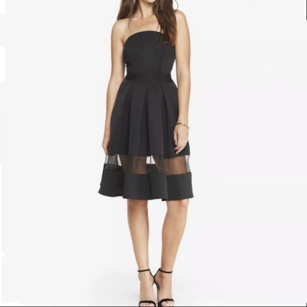 Express Black Strapless Organza Inset Fit & Flare Midi Dress Size 6 Party